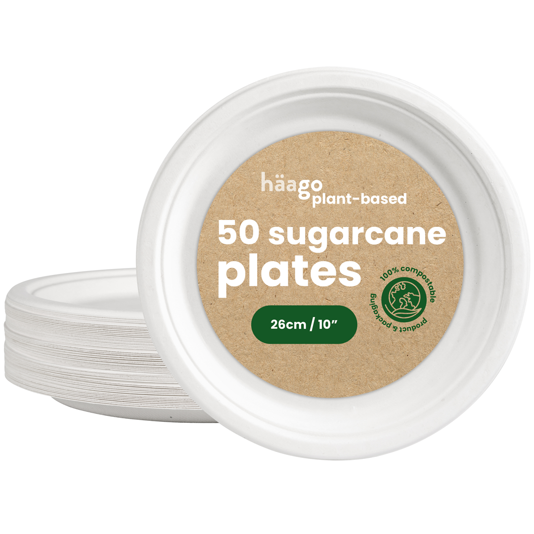 50 Round Sugarcane Plates - 26cm (10&quot;)