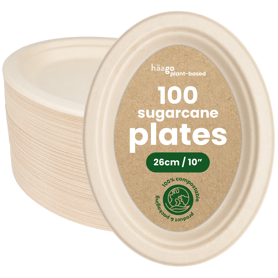 100 Oval Brown Sugarcane Plates - 26cm (10&quot;)
