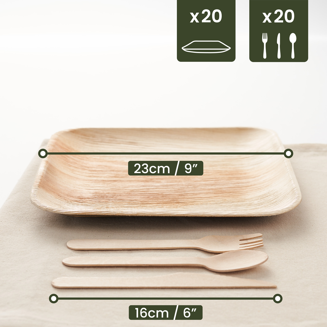 20 Square Palm Leaf Plates &amp; 20 Wooden Cutlery Sets