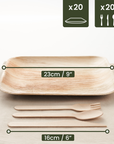 20 Square Palm Leaf Plates & 20 Wooden Cutlery Sets