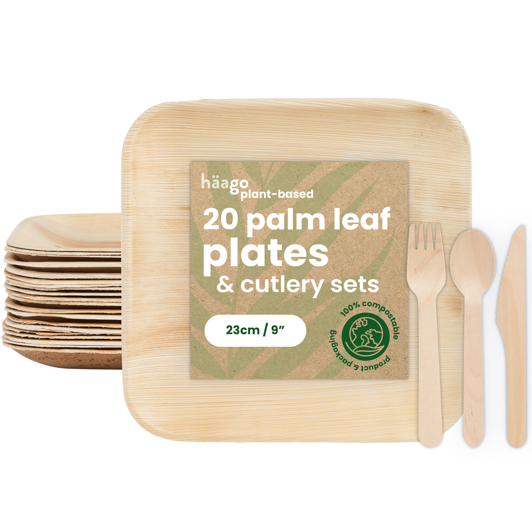 20 Square Palm Leaf Plates &amp; 20 Wooden Cutlery Sets