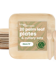 20 Square Palm Leaf Plates & 20 Wooden Cutlery Sets