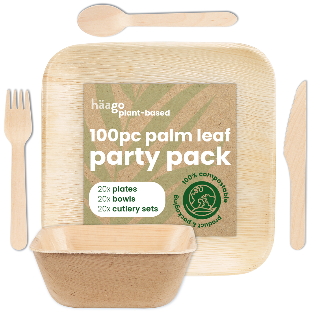 Square Palm Leaf Partyware Pack (Plates, Bowls &amp; Cutlery)